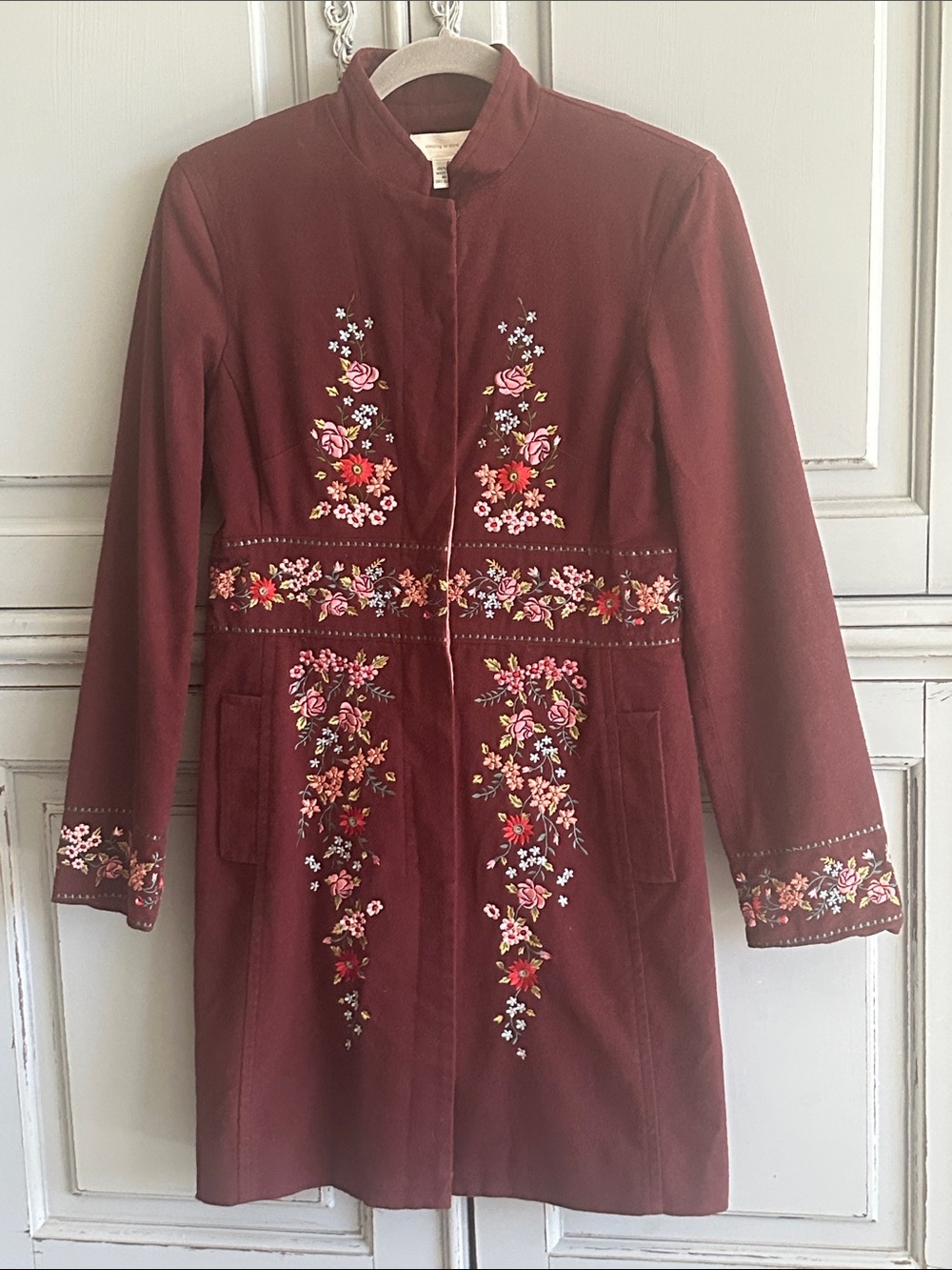 Anthropologie Sleeping On Snow Floral Embroidered Burgundy Dress Coat Size 4